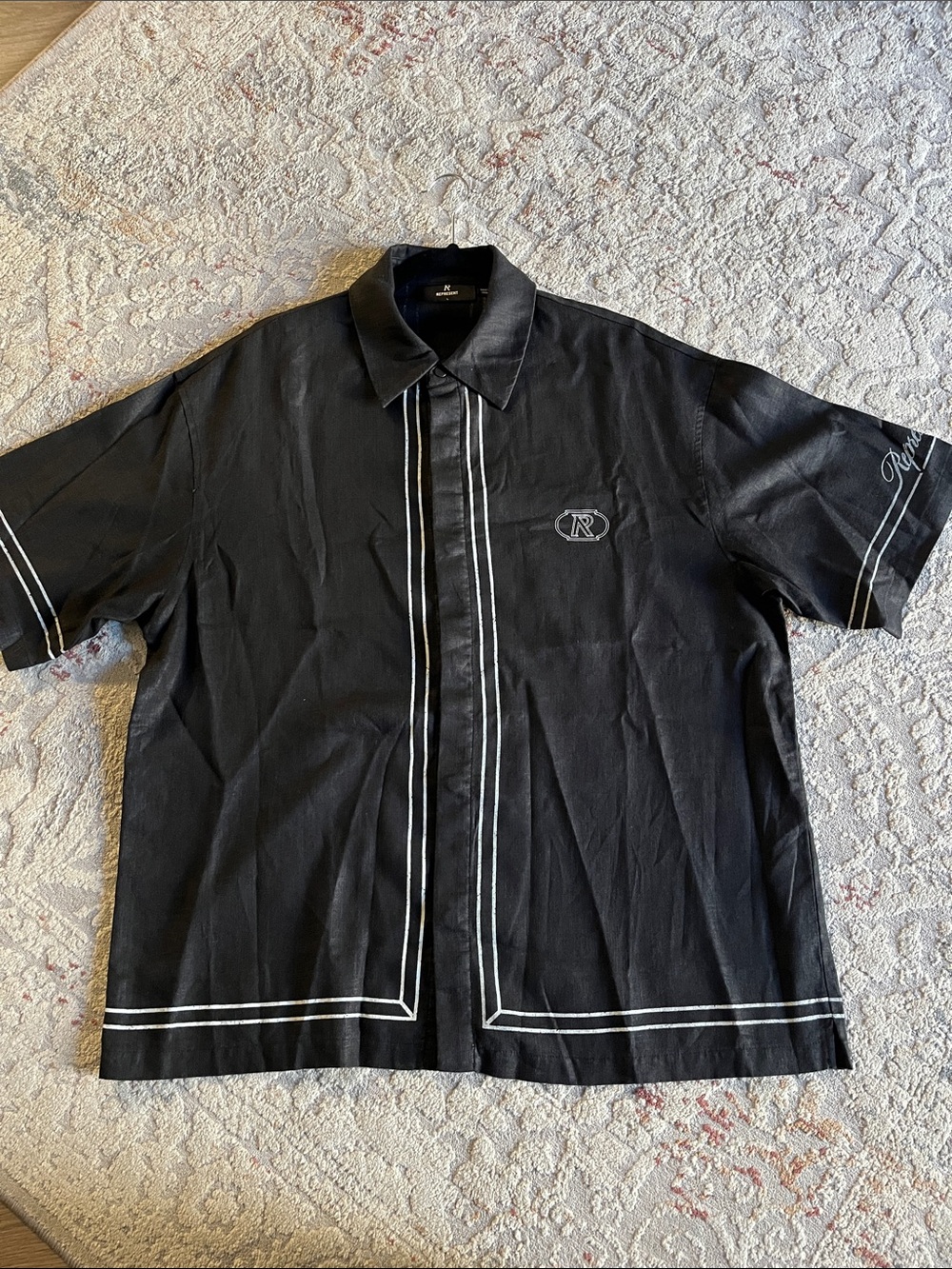 Represent designer Black Lenning Short-Sleeve Button-Down Shirt with White Trim
